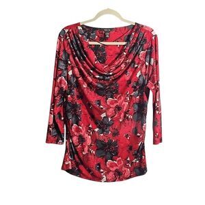 Style & Co. Red floral cowlneck Shirt with three quarter sleeves and decorative